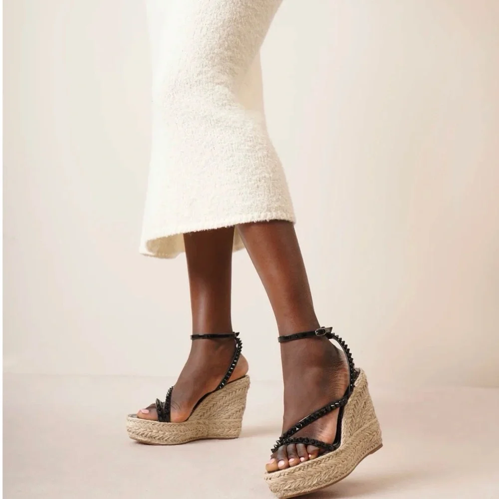 Christian Louboutin Mafaldina Wedge Espadrille Sandals Black/Tan Size 38 New - Picture 5 of 11